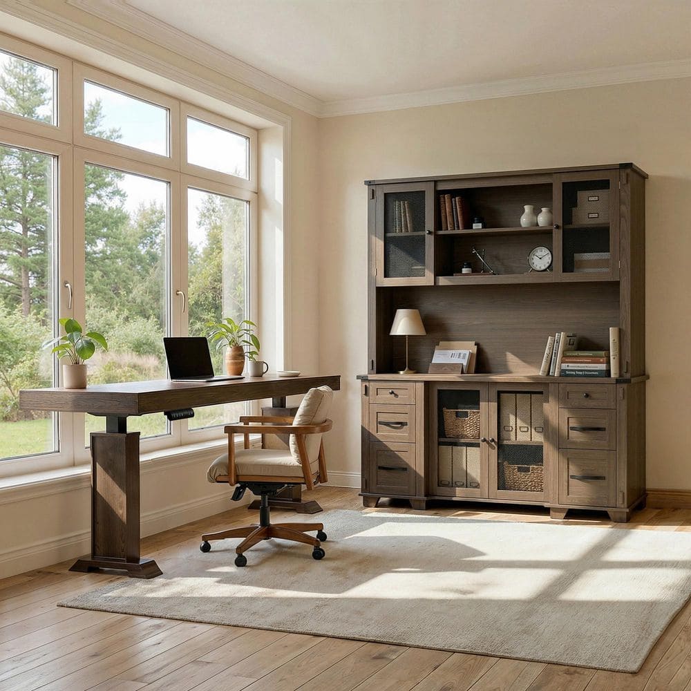 78.7 in. Tall Walnut Wood 8-Shelf Standard Bookcase with Standing Desk Set, Drawers, Drawers, Cabinets, Glass Doors