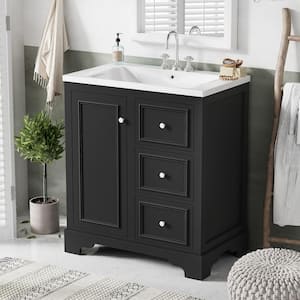 30 in. W Single Sink Freestanding Bath Vanity in Black with White Ceramic Top