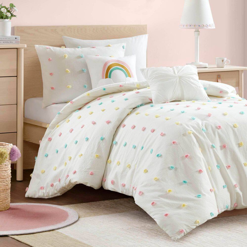 Cozy Cotton Twin Pom Pom Kids' Quilt Set in White