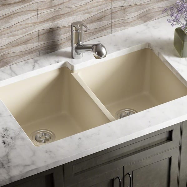 MR Direct Beige Quartz Granite 33 in. Double Bowl Undermount Kitchen ...