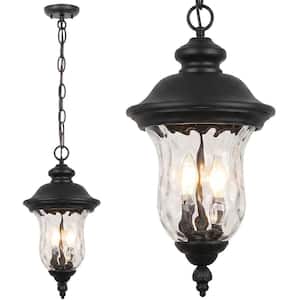 21.9'' Black Outdoor Waterproof Pendant Light, 2-Light Adjustable Height Hanging Lantern with Hammered Glass for Porch
