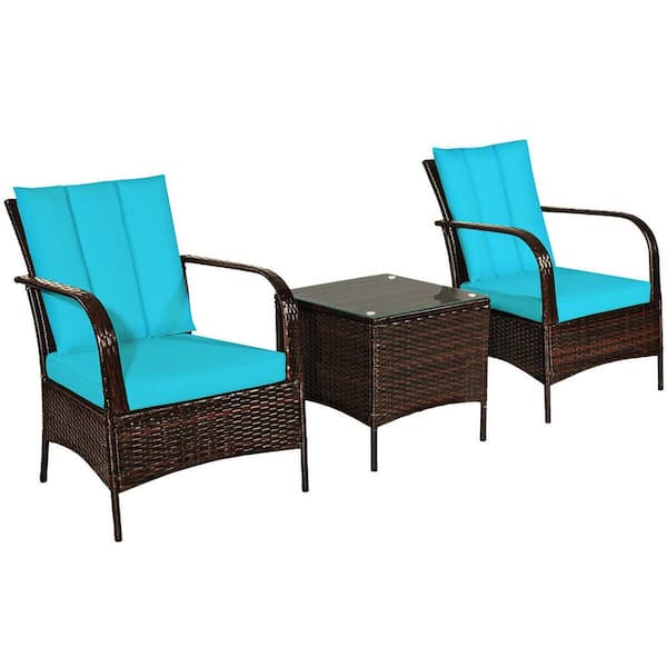 WELLFOR 3-Piece Wicker Patio Conversation Set with Turquoise Cushion