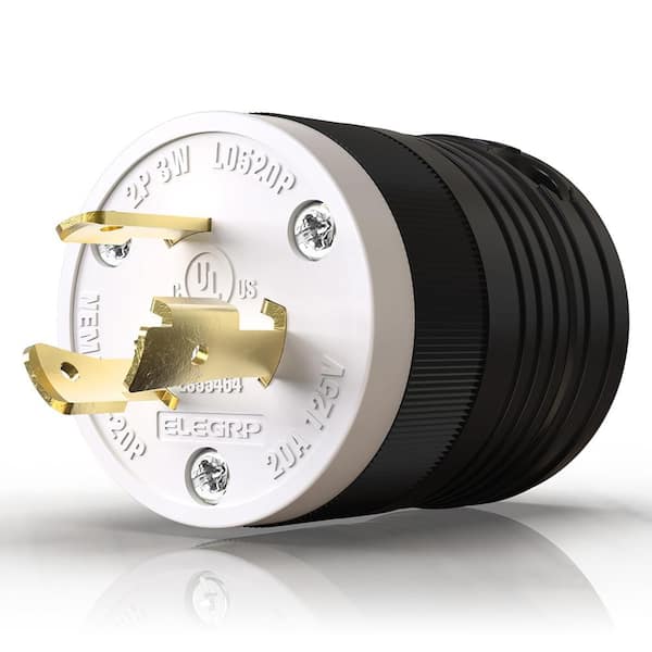 20 Amp 125-Volt NEMA L5-20P Locking Plug, Industrial Grade Grounding Heavy-Duty, Black/White