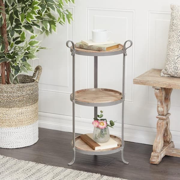 Litton Lane 14 in. Gray 2 Shelves Large Round Wood End Accent Table with Brown Wood Tabletops