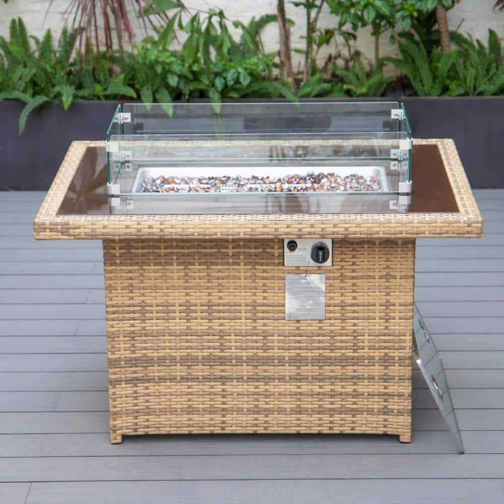 Light Brown Wicker Gas Fire Pit Table with Glass Shield