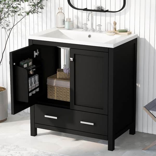 Unbranded 30 in. W x 18 in. D x 34 in. H Freestanding Bath Vanity in Black with White Resin Top and with 2-Doors and Single Sink