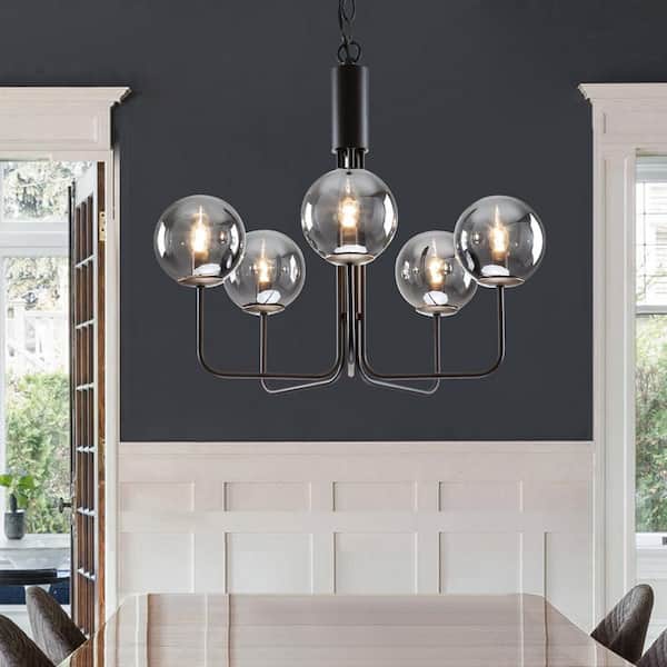 EDISLIVE Guillot 5-Light Black Modern Sputnik Chandelier with Smoky Gray Glass Shades
