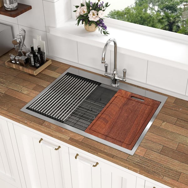 30 in. Drop in Single Bowl 18-Gauge Brushed Nickel Workstation Stainless Steel Kitchen Sink with Bottom Grids