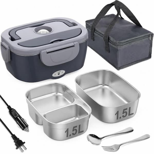 Electric Heated Lunch Box with Dual 1.5L Stainless Steel Containers, 80W Portable Food Warmer for Car and Home