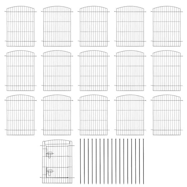 Arched 23.6 in. W x 29.5 in. H Black Metal Wire No Dig Decorative Garden Fence with Gate (15-Pack)