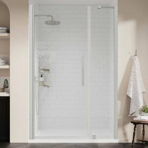 Pasadena 48 in. L x 32 in. W x 72 in. H Alcove Shower Kit w/Pivot Frameless Shower Door in SN w/ Shelves and Shower Pan