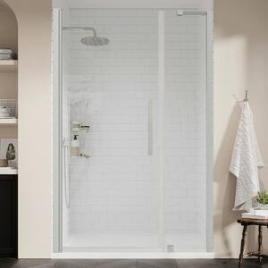 Pasadena 48 in. L x 34 in. W x 72 in. H Alcove Shower Kit w/Pivot Frameless Shower Door in SN w/ Shelves and Shower Pan