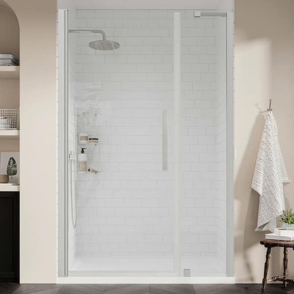 OVE Decors Pasadena 48 in. L x 32 in. W x 75 in. H Alcove Shower Kit w/Pivot Frameless Shower Door in SN w/ Shelves and Shower Pan