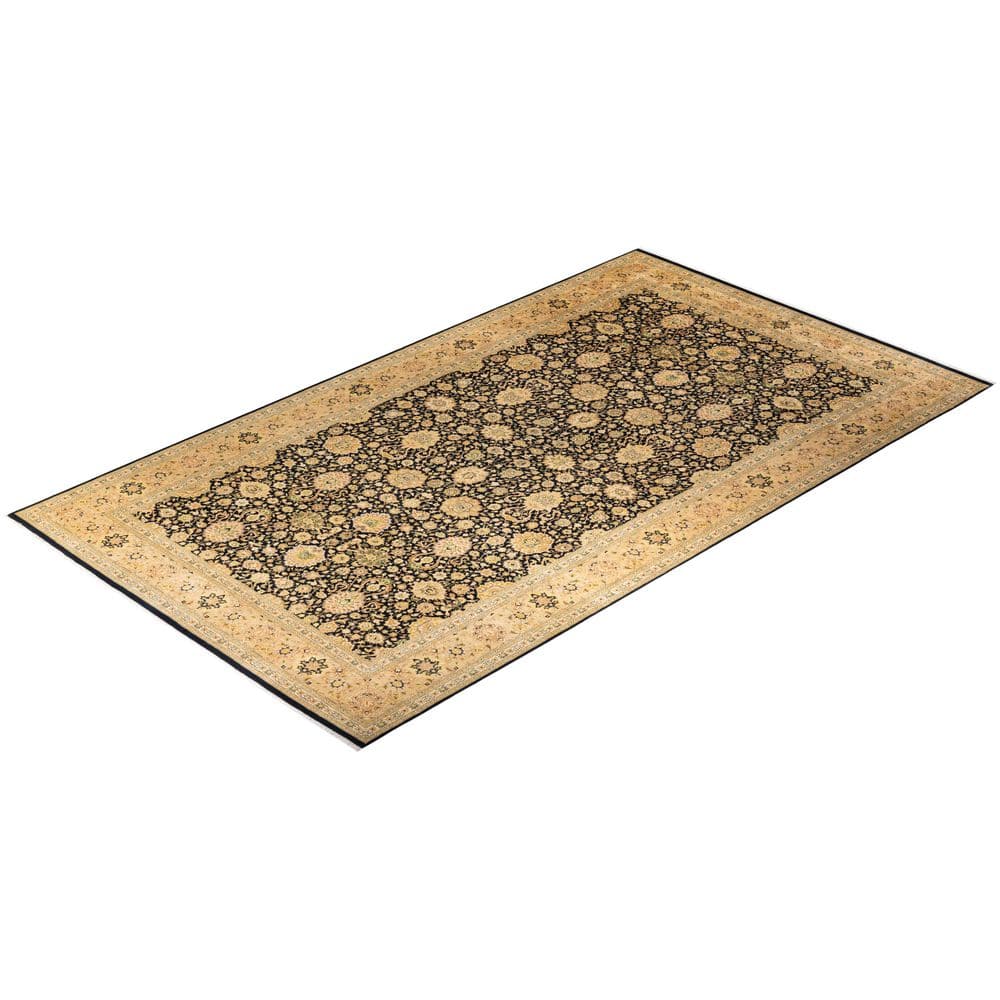 Hand-Knotted Black and Beige Wool Oriental 10' x 14' Rug