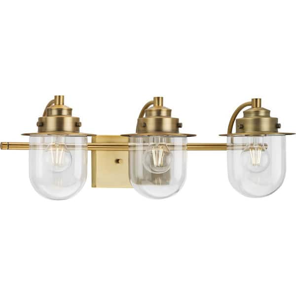 Progress Lighting Northlake Collection 24 in. 3-Light Vintage Brass Clear Glass Transitional Vanity Light