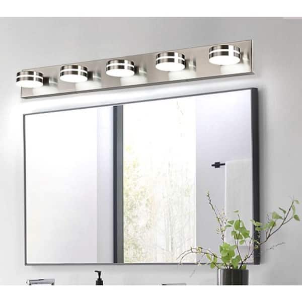 41 in. 5-Light Nickel LED Vanity Light with Dimmable 5500K Light and 270° Swivel Range Acrylic Shade