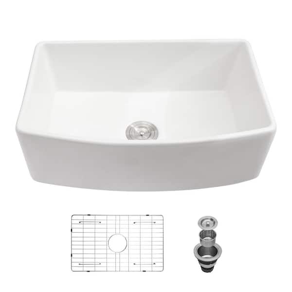 33 in. Apron Front Single Bowl White Ceramic Kitchen Sink with Stainless Steel Grid and Drain Assembly