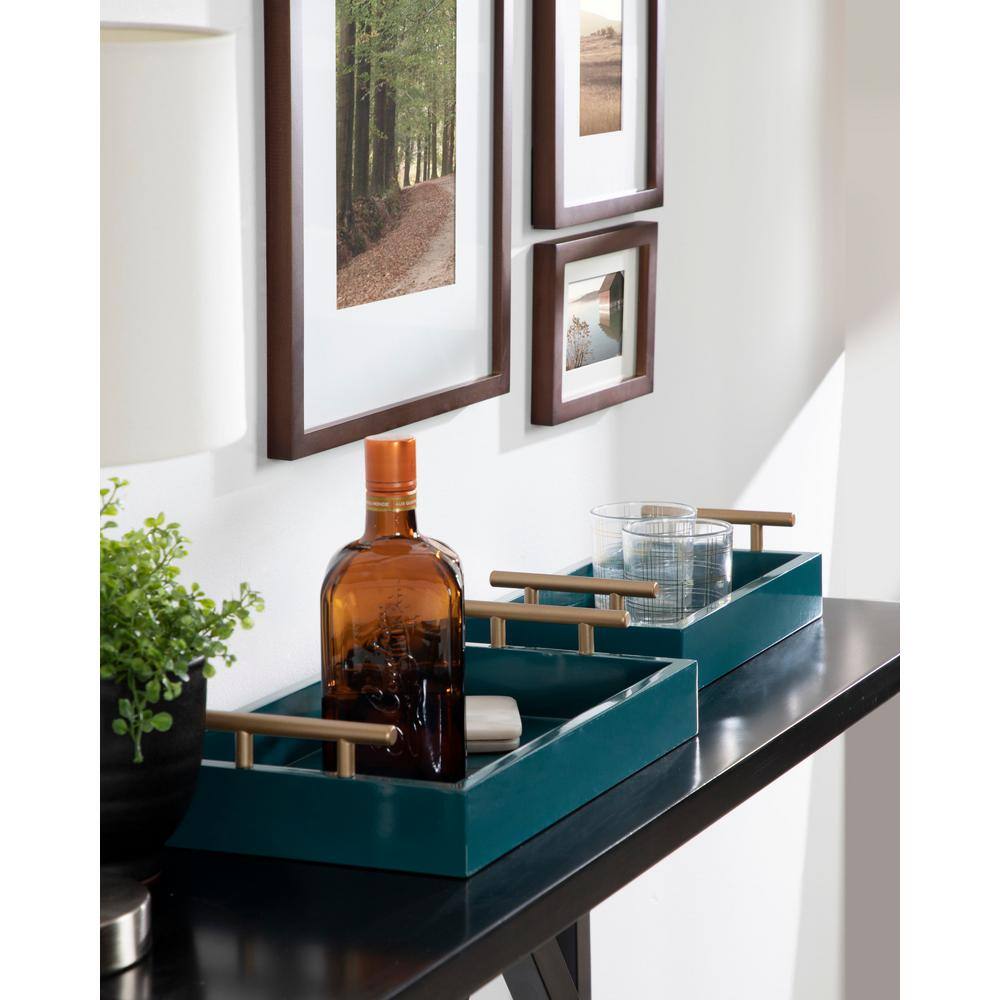 Teal and Gold Rectangular Wood Tray Set with Metal Handles