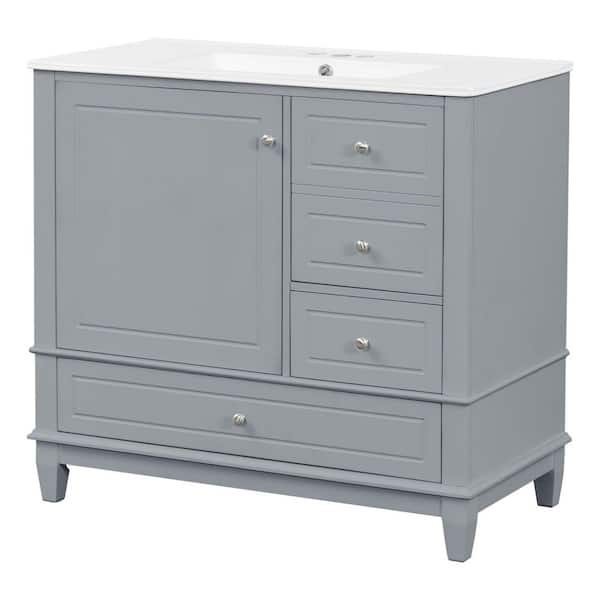 36 in. Single Sink Solid Wood Frame Freestanding Gray Bath Vanity with White Ceramic Top, Unassembled, Soft Close