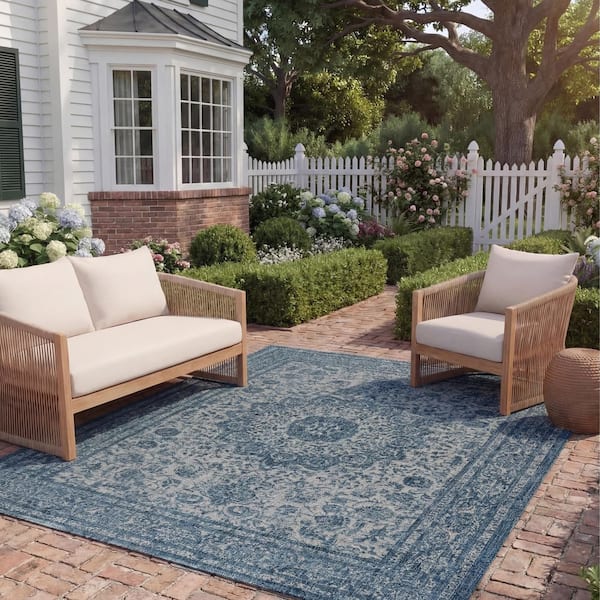 Courtyard Navy/Gray 8 ft. x 11 ft. Medallion Ornate Border Indoor/Outdoor Area Rug