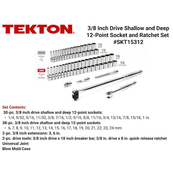 TEKTON 3/8 in. Drive 12-Point Ratchet and Socket Set, (74-Piece