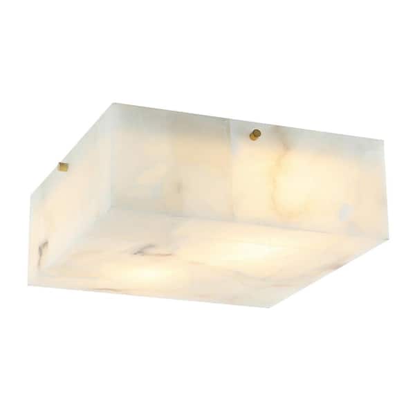 Giulia 13 in. 2-Light Modern Contemporary Alabaster/Iron Square LED Flush Mount, White Marbling/Brass Gold