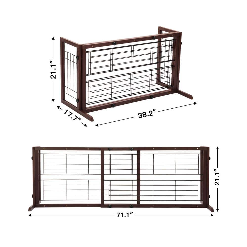 Expandable Brown Solid Wood Freestanding Pet Gate with Wire Mesh