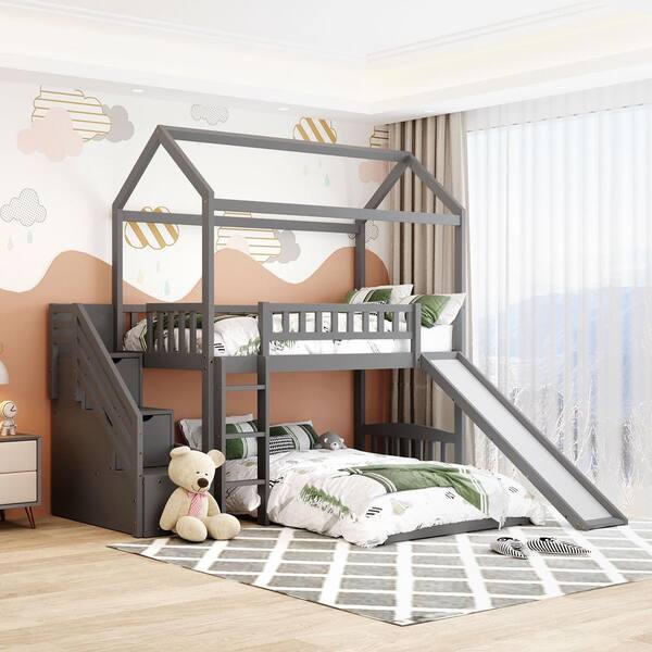 GOJANE Gray Twin Over Twin House Bunk Bed with Two Drawers and Slide