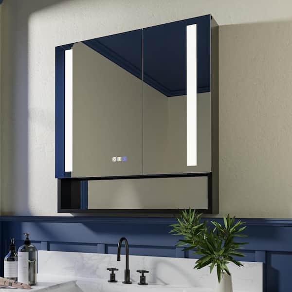 IDEAGLE 30 in. W x 32 in. H Surface/Recessed-Mount Rectangular LED Bathroom Medicine Cabinet with Mirror and External Shelf