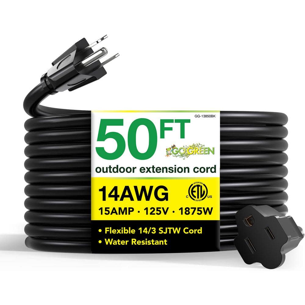 GoGreen Power 50 ft. 14/3 SJTW Outdoor Extension Cord, Black