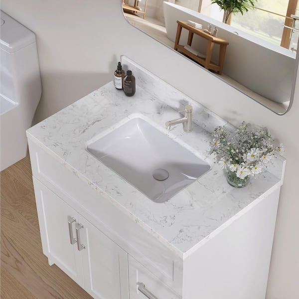 36 in. W x 22 in. D Engineered Stone Rectangular Single Sink Vanity Top in Carrara White With 4 in. H Backsplash
