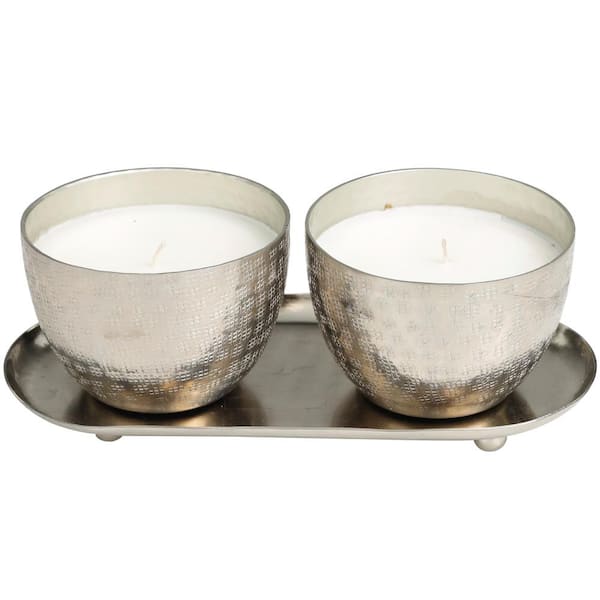 CosmoLiving by Cosmopolitan Silver Campfire Scented Grid Patterned 10 oz. 1-Wick Candle with White Wax (Set of 2)