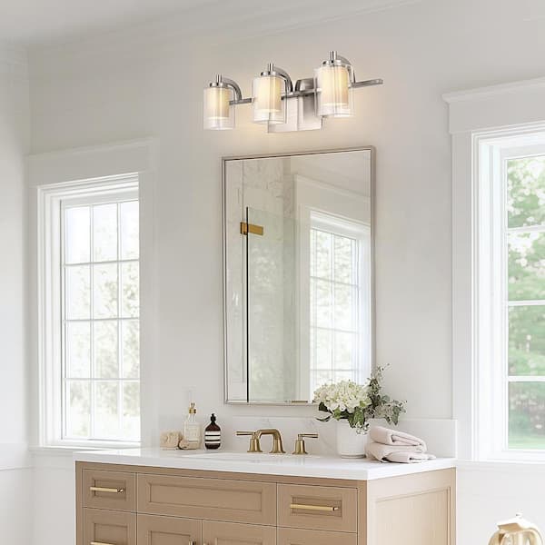 21 in. 3-Light Brushed Nickel Vanity Light with Clear Cylinder Glass Shades Bathroom Wall Sconce for Vanity or Hallway