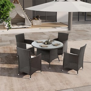 5-Piece Wicker Round Tempered Glass Tabletop Outdoor Dining Set with White Cushions