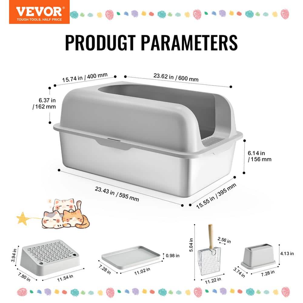 Light Gray Stainless Steel Extra Large Cat Litter Box with Scoop