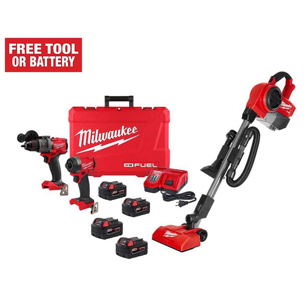Milwaukee M18 FUEL 18-Volt Lithium-Ion Brushless Cordless Hammer Drill and Impact Driver Combo Kit (2-Tool) w/4 Batteries & Vacuum
