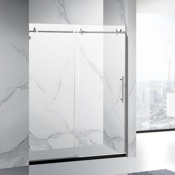 INSTER Aim 60 in. W x 76 in. H Sliding Columner-Frameless Shower Door in Brushed Nickel with Clear Glass