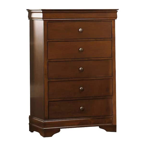 Benjara Transitional Style 5-Drawer Cherry Brown Wooden Chest of Drawer (31.75 in. x 17.5 in. x 47.25 in.)