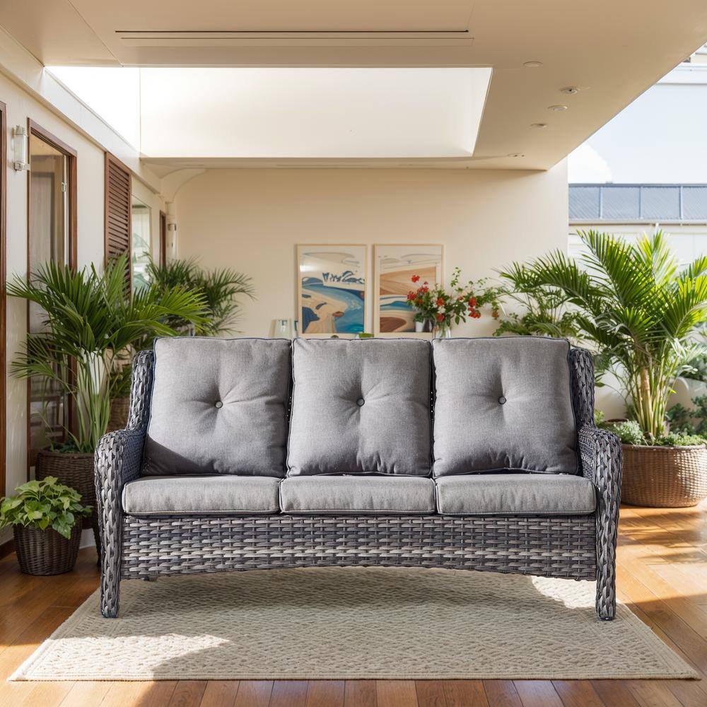 moosprr 3Seat Gray PE Wicker Outdoor Couch with Gray Cushions and