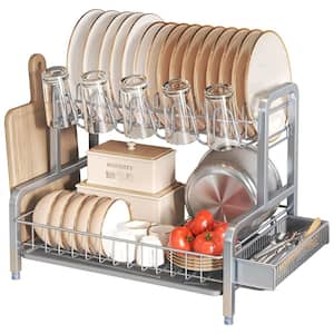 2-Tier Metal Standing Dish Rack in Gray with 5 Cup Holder