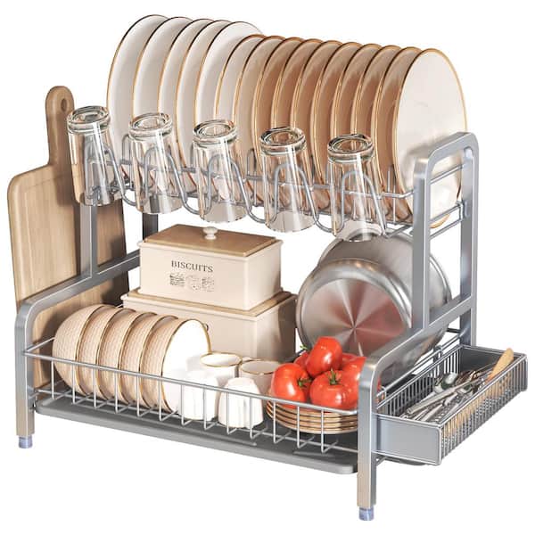 JASIWAY 2-Tier Metal Standing Dish Rack in Gray with 5 Cup Holder