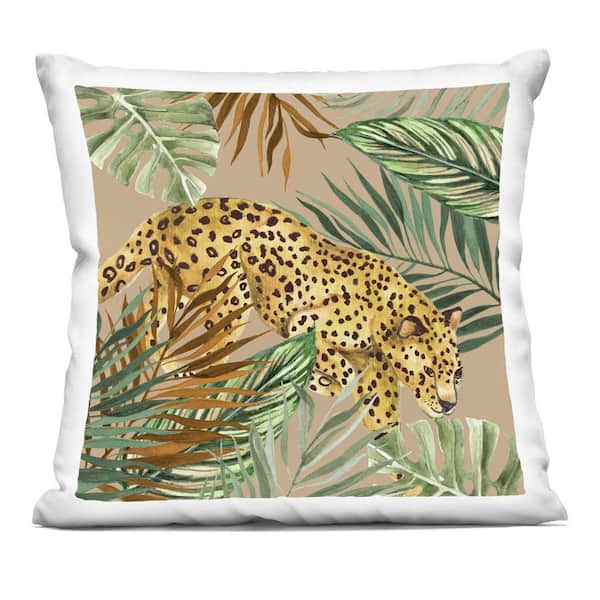 Stupell Industries Palm Leaves Surrounding Leopard Tan Abstract Polyester 18 in. x 18 in. Throw Pillow