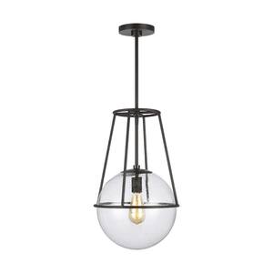 Atlas 12.5 in. W 1-Light Aged Iron Cage with Seeded Glass Orb Pendant