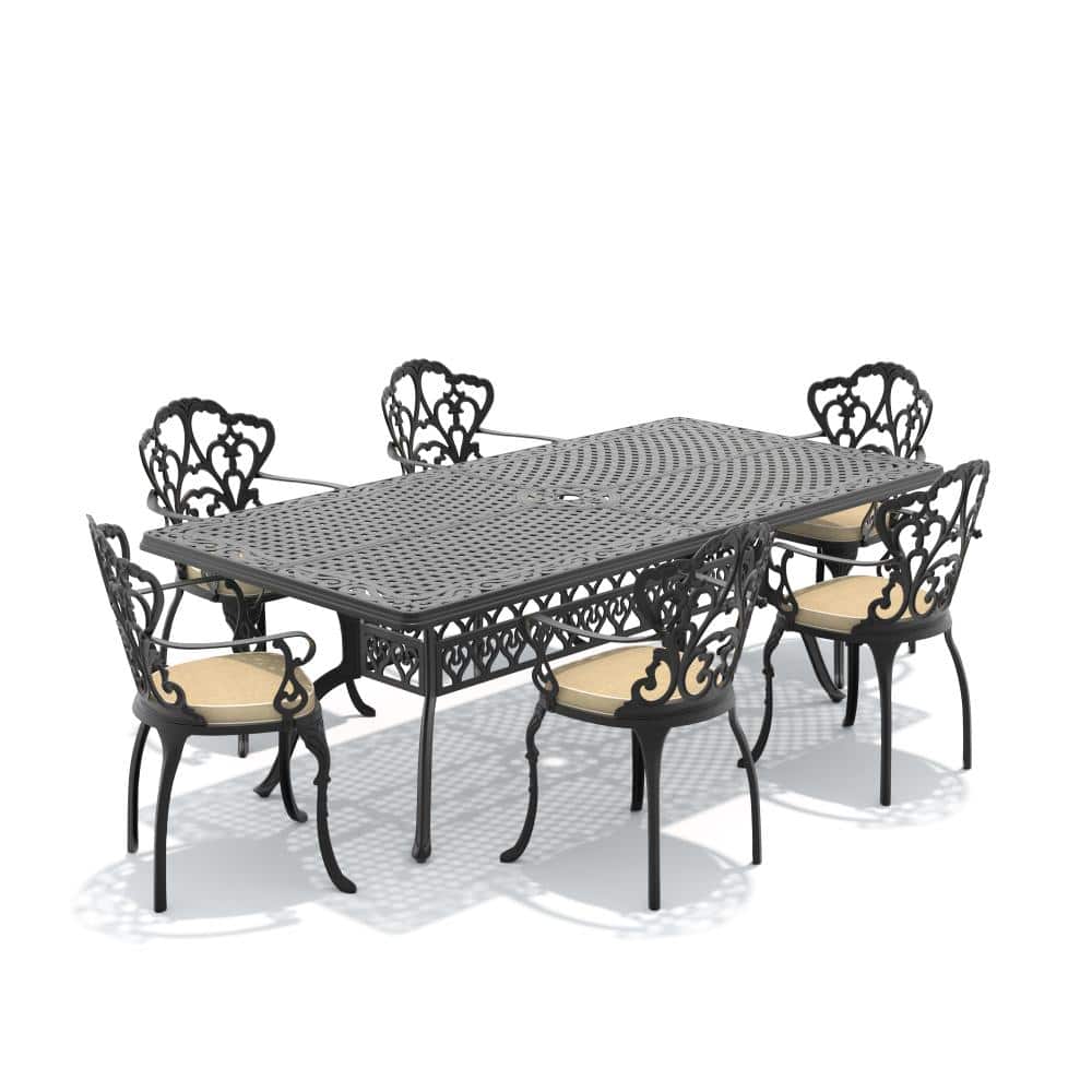 Black 7-Piece Cast aluminum Patio Outdoor Dining Set with Rectangle Table and Dining Chairs with Off-white Cushions price history on PriceWatchPro