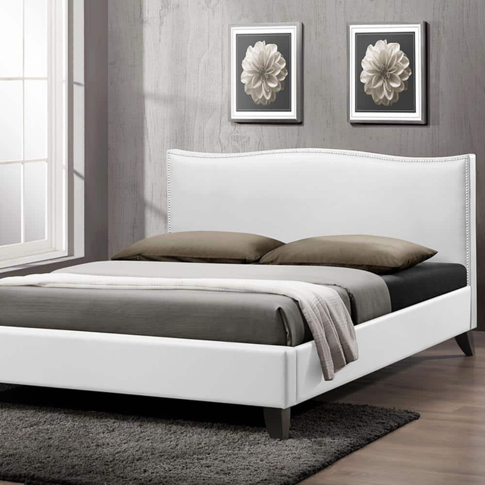 Queen White Faux Leather Upholstered Bed with Nailhead Trim