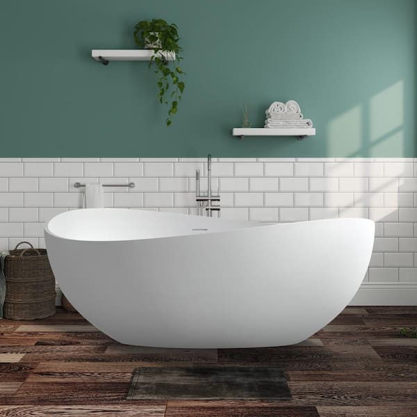 ANGELES HOME 63 in. x 38.6 in. Stone Resin Solid Surface Freestanding Soaking Bathtub with Center Drain in Matte White