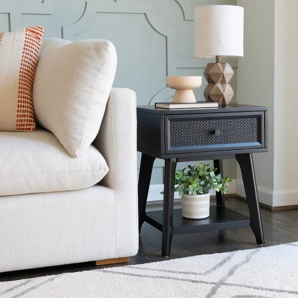 Linon Home Decor Carolina 18 Black Cane Rectangle Wood Side Table  Nightstand with Drawer THD05056