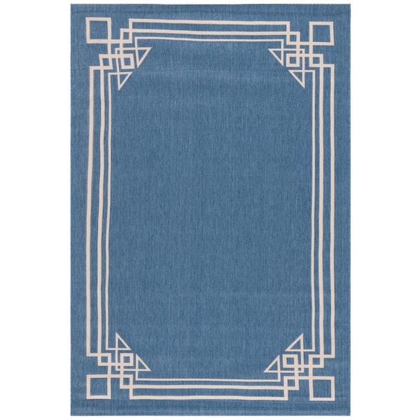 Courtyard Blue/Light Beige 7 ft. x 10 ft. Solid Geometric Border Indoor/Outdoor Area Rug