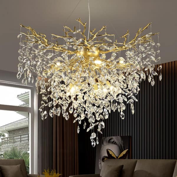 PUYRNF 12 Lights 40 in. Gold Tree Branch Kitchen Island Chandelier with Crystal Decoration, for Foyer, Entryway, Living room