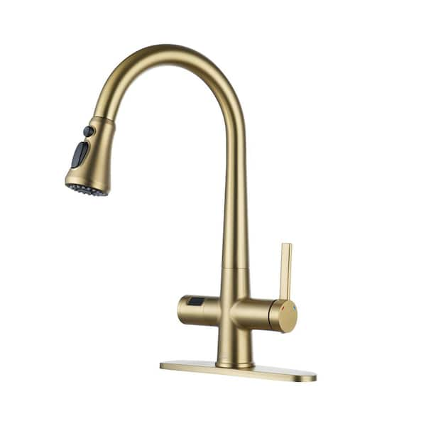 Boyel Living 3-Spray Patterns Single Handle Pull Down Sprayer Kitchen Faucet with Deckplate and Water Supply Hoses in Brushed Gold